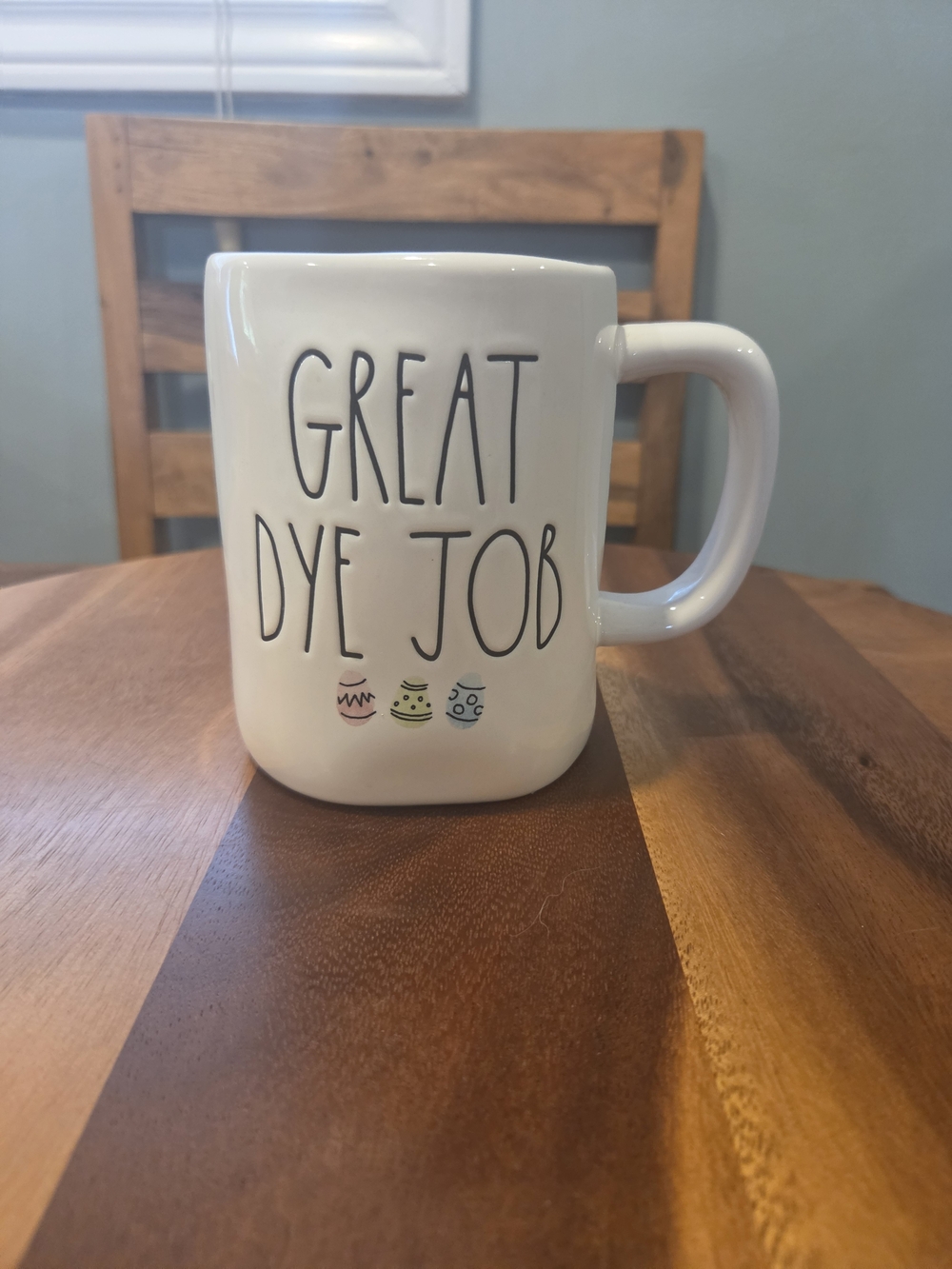 Rae Dunn White 'Great Dye Job' Mug with Pastel Egg Accents
